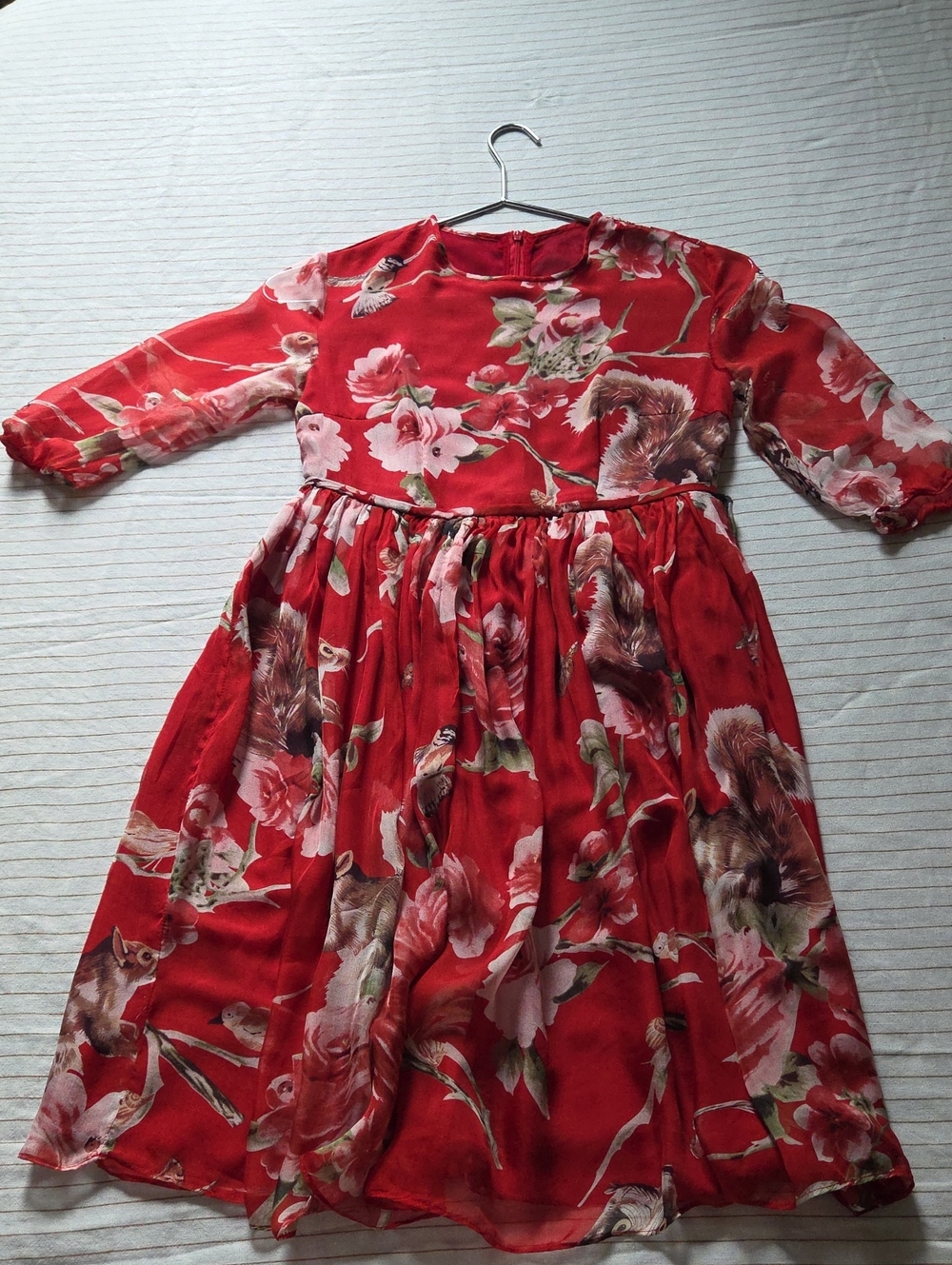 Red Floral Long-Sleeve SiLK Dress